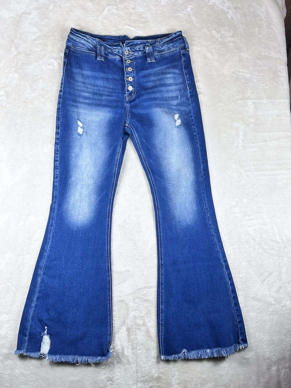 KanCan Jeans Women’s Sz 31 High Rise Flare Dark Wash Distressed Button Fly Boho